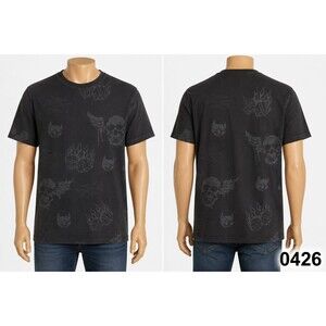 Y2K Alstyle All Over Print Skull T-Shirt Faded Black AOP Grunge Mallgo - 0426